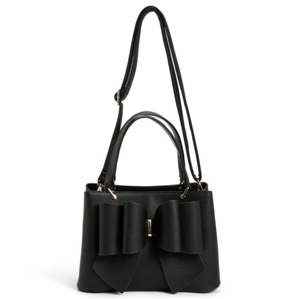 New!!! 3D Bow Vegan Leather 3-Way Wear Black Satchel, Crossbody, & Shoulder Bag - Picture 6 of 15